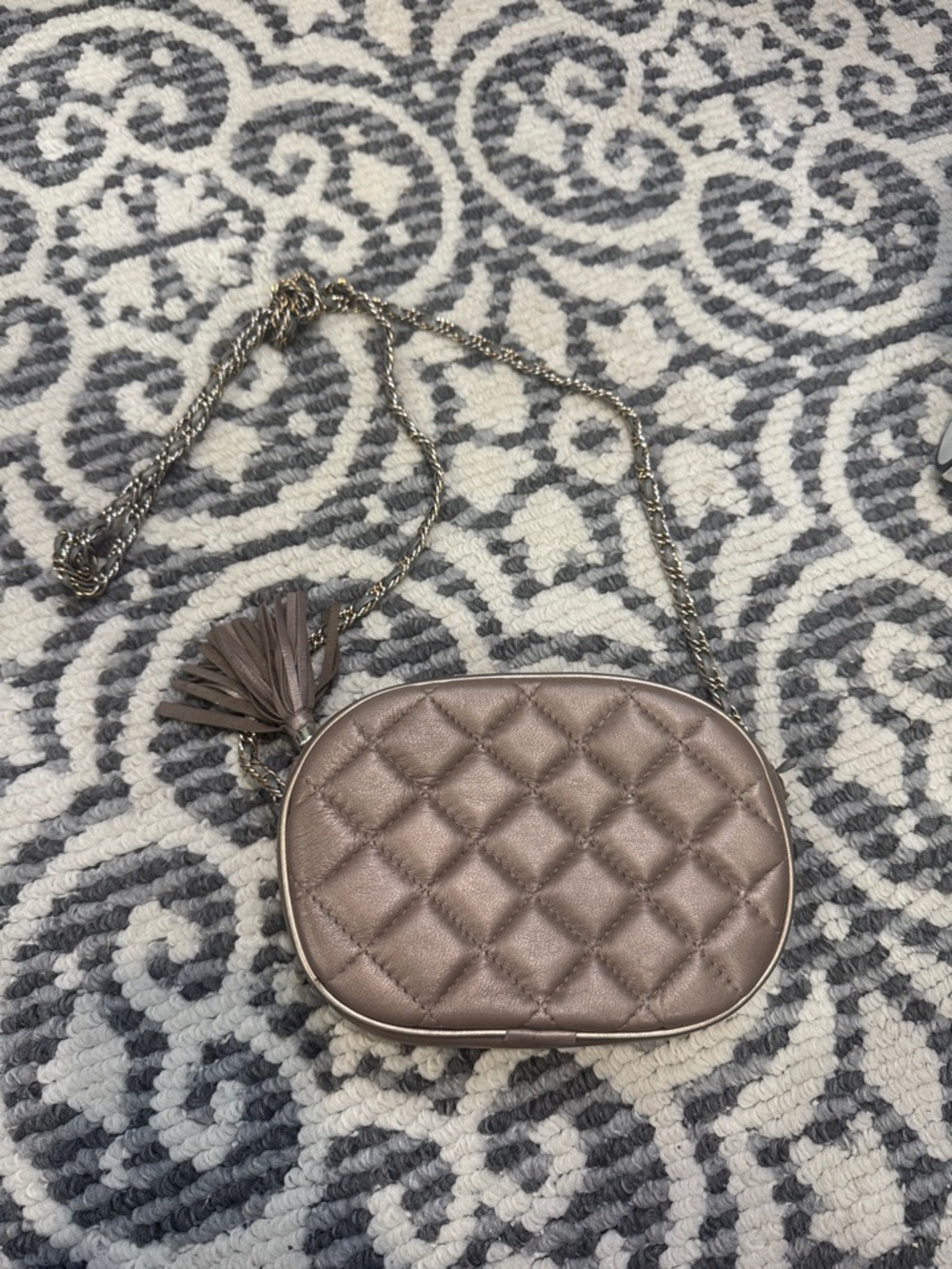 Quilted Metallic Taupe Crossbody Bag with Tassel